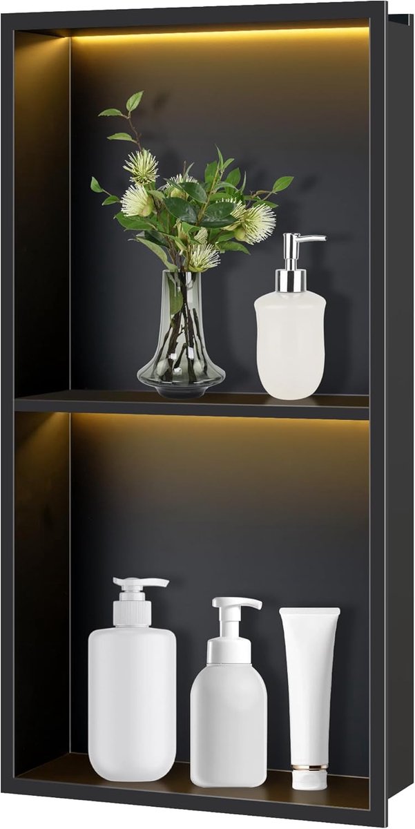 FTL Wall niche bathroom with LED 30 x 60 cm, black stainless steel shower tray with 3000K warm white LED light (not - ShopVlot