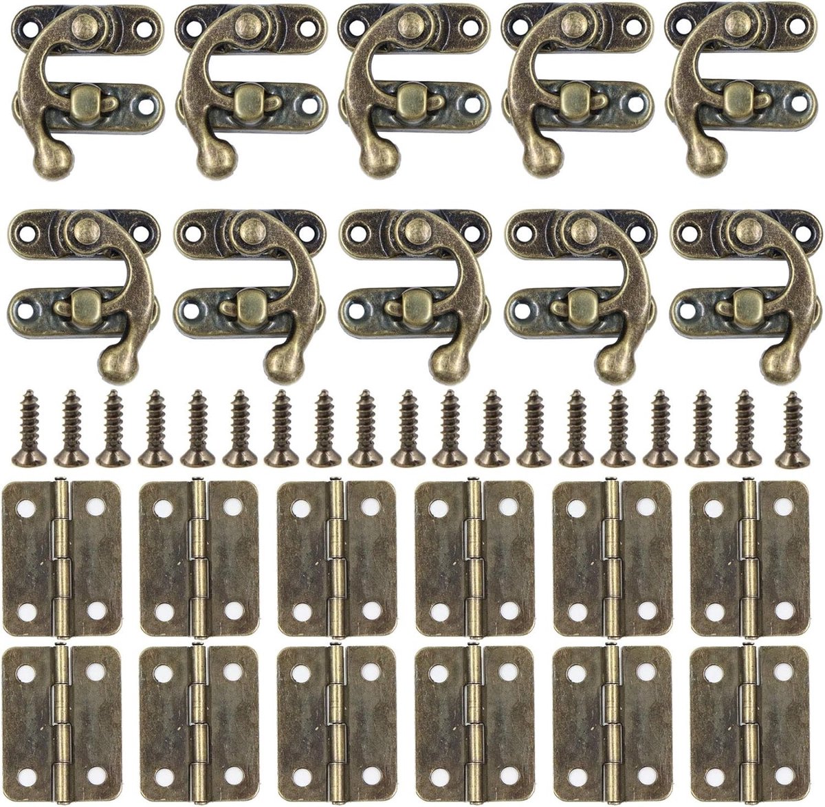 Retro Latch Hook Bevestigingshaak Set met 10 Stuks en 12 Kleine Scharnieren voor Houten Dozen, Perfect voor Klussen en Creatieve Projecten