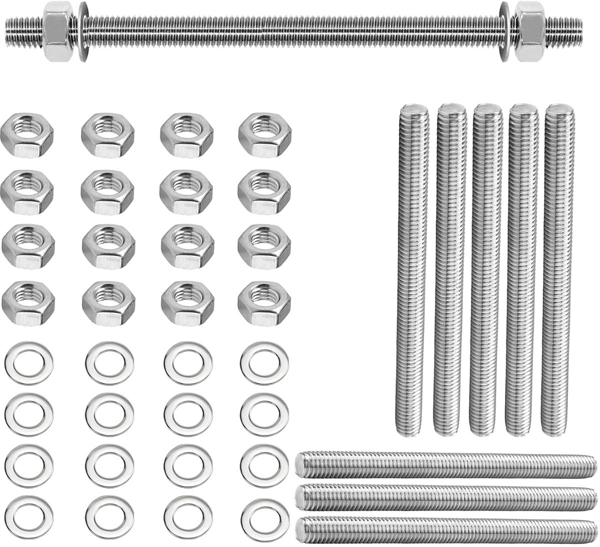 Volledige schroefstang M8×100mm - 304 roestvrij staal - inclusief 16 moeren en ringen - veelzijdig gebruik - ShopVlot