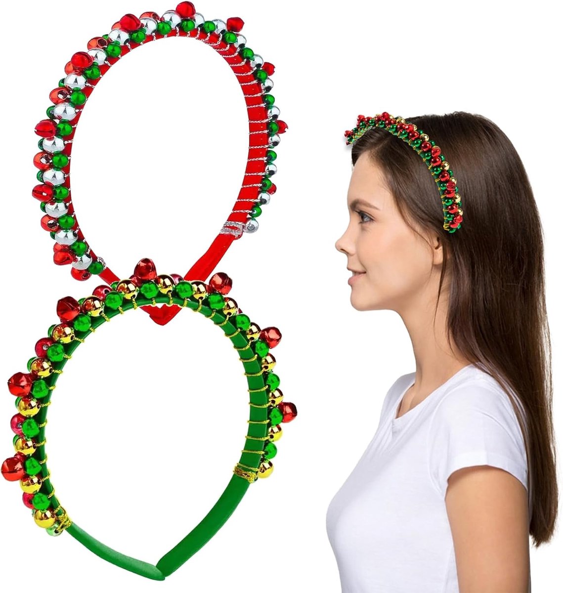 Kersthoofdbanden set 2 stuks - Rood en groen - Met bellen en kralen - Creëer een feestelijke sfeer - ShopVlot