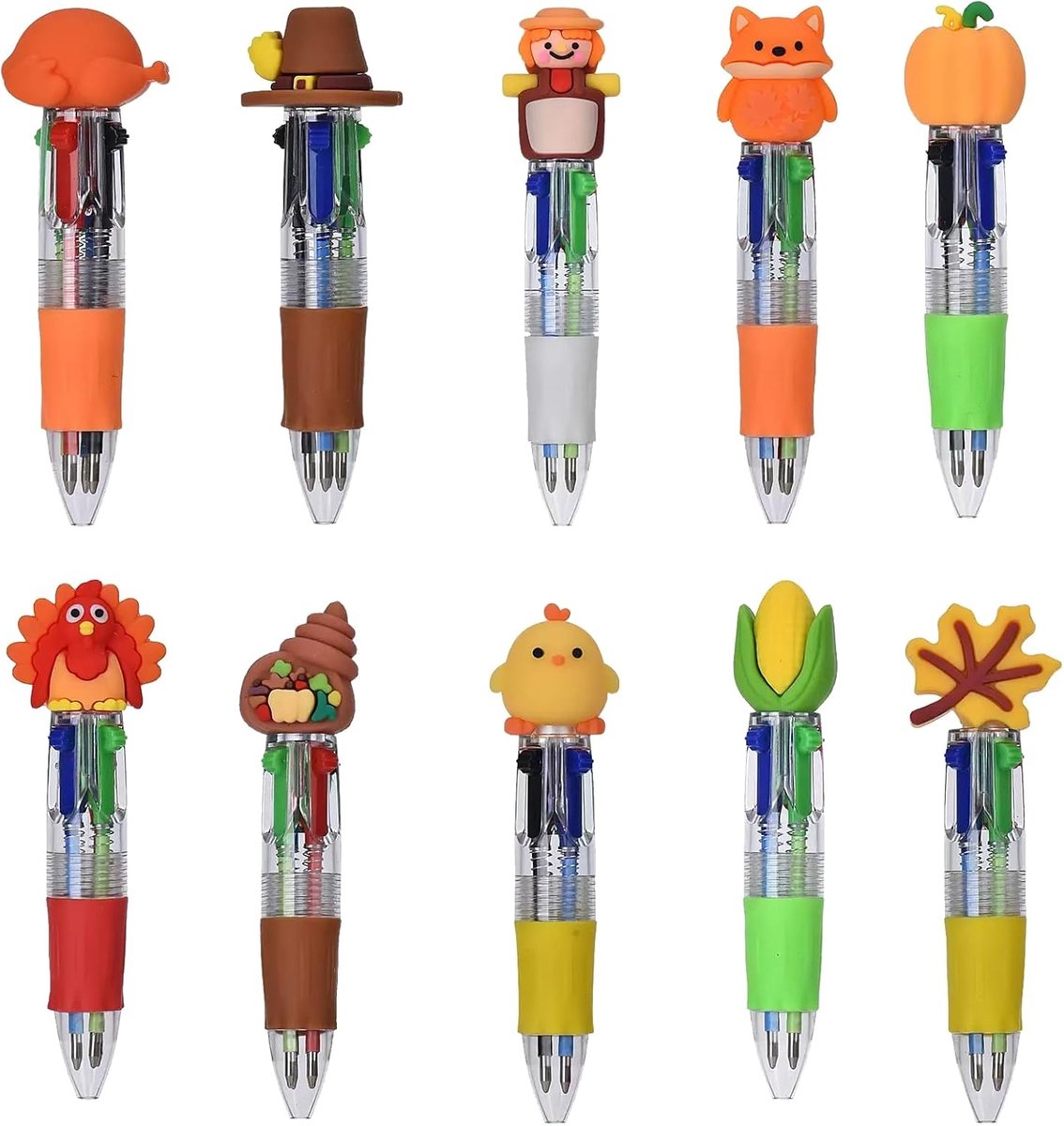 Schrijfpennen set 10-pack - Multicolor in herfstthema - Decoratieve ontwerpen met kalkoen, pelgrim en meer - ShopVlot