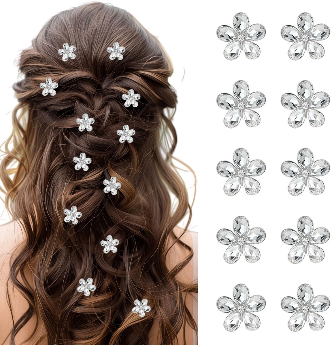 Solidchoice - Set van 10 Mini Haarspeldjes met Strass Bloemen