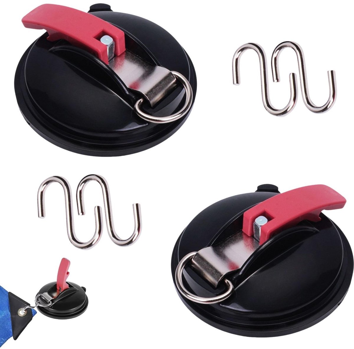 2 extra sterke zuignaphaken met 4 S-haken, multifunctionele bevestigingsset voor camping, tent, auto en badkamer