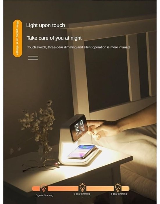 Slimme Oplader Lamp - Digitale Wekker - Wakker Worden - Draadloos Opladen - Groot Scherm - Wit — afbeelding 3