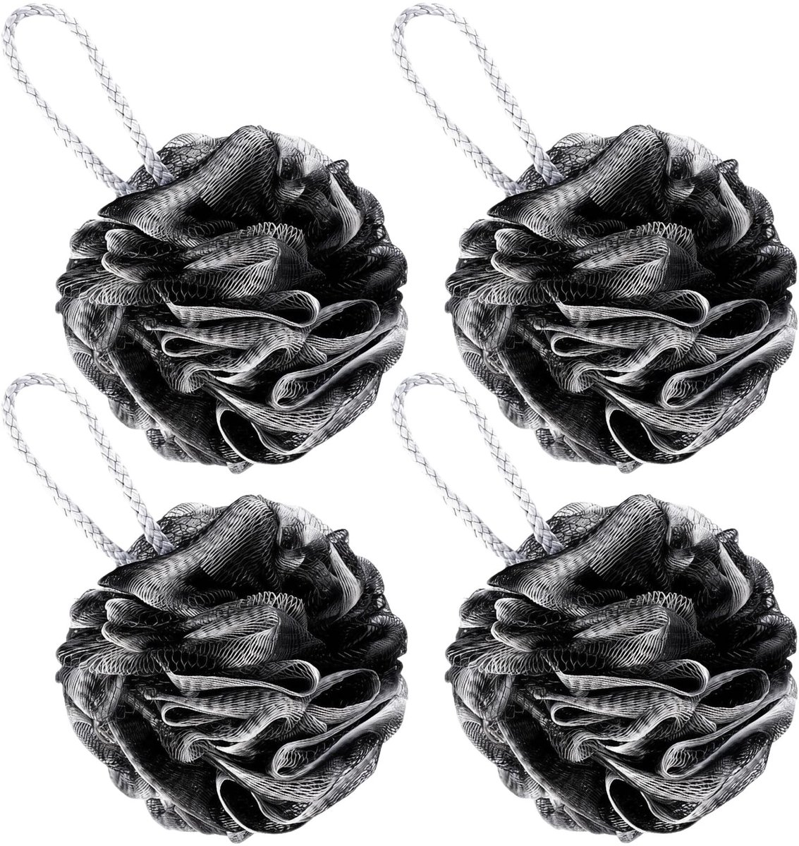 SnelShoppen - 4 Stuks Grote Bad Spons, Lichaams Scrubber Mesh Pouf (Zwart) | Loofah Douche Puff, Douche Spons voor Mannen en Vrouwen, Extra Groot, Zac
