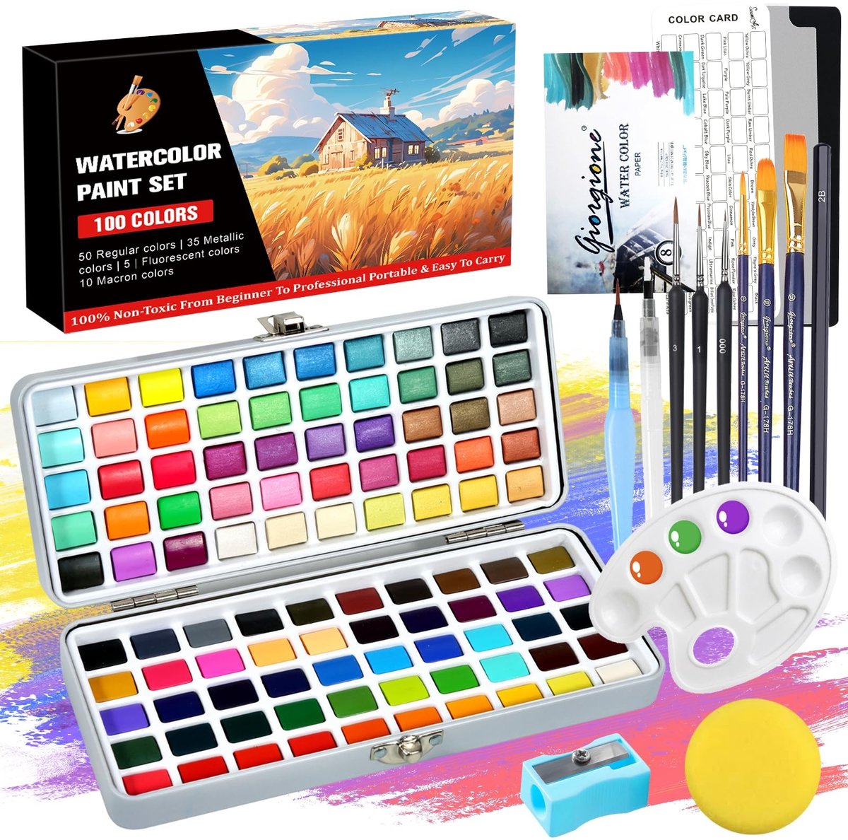Solidchoice - Professionele Waterverf Set met 100 Kleuren en Accessoires
