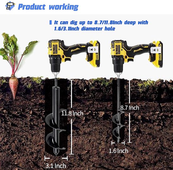 Garden Bulb Auger Drill, 2Pcs Garden Auger Drill Bit For Plants (12x3",9x1.6"), Hand Drill Digger Auger for 3/8'' Hex - ShopVlot — afbeelding 5