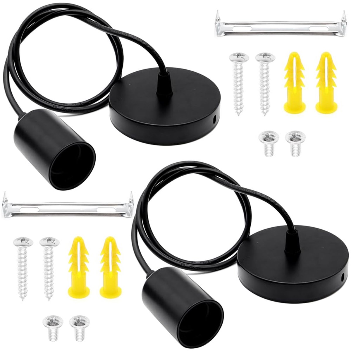2 Piece E27 Lamp Hanging Set with Screw Ring, Black Lamp Base with 100 cm Adjustable Cable for Ceiling Light Living - ShopVlot
