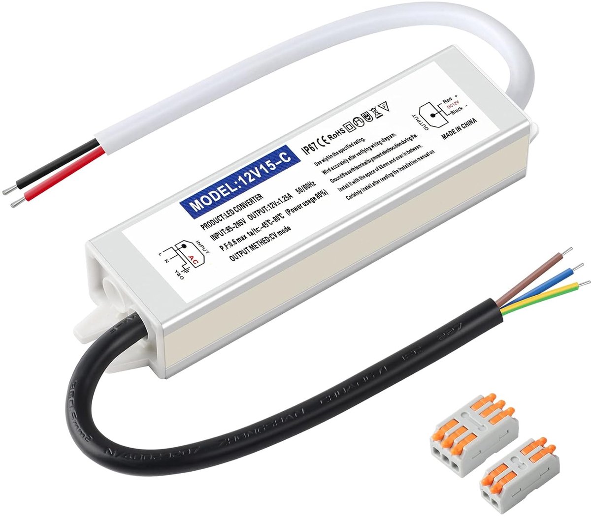 LED Transformer 230V to 12V 15W 1.25A IP67 Waterproof LED Driver 12V DC for Indoor and Outdoor - ShopVlot