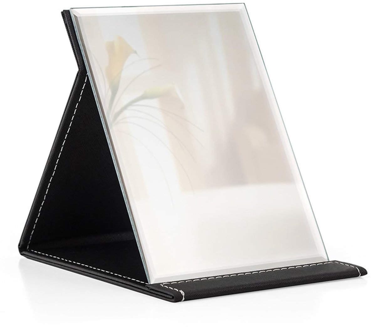 Nutabevr 12,5 x 17 cm opvouwbare tafelspiegel, vrijstaande make-upspiegel met zwarte PU-lederen hoes, reisspiegel - ShopVlot