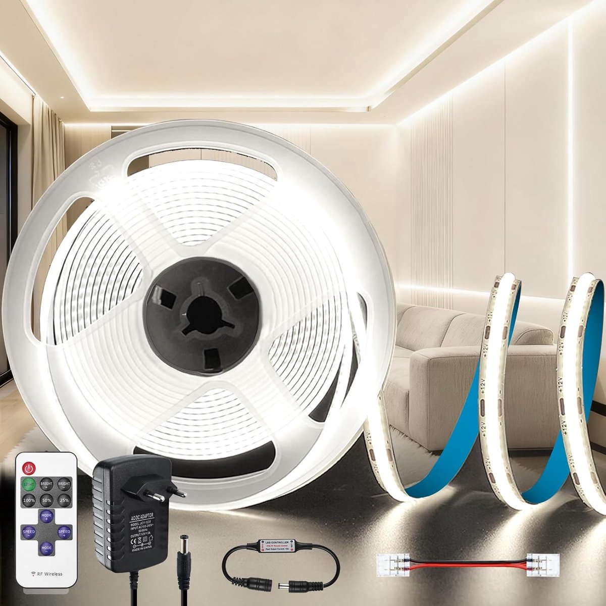 KSIBNW LED Strip 5m White 6000K, Dimmable 24V COB LED Strip Set with Power and Remote Control, 8mm Wide Light Strip - ShopVlot