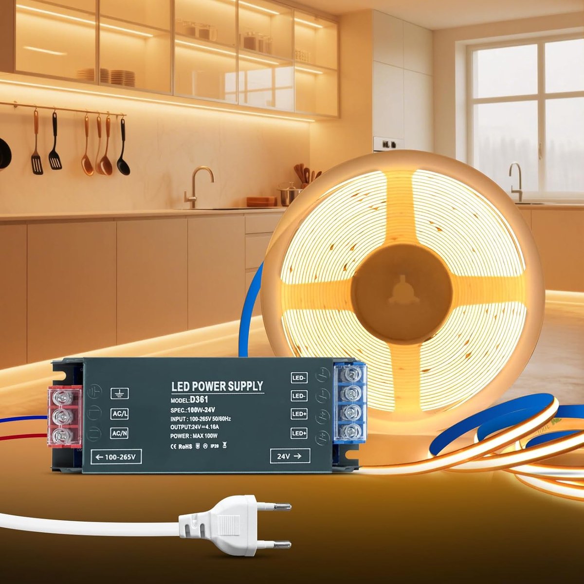 KSIBNW 24V COB LED Strip Warm White 3000K, 5M Adhesive LED Strip with 24V Power Supply 100W Transformer and 1M Plug - ShopVlot