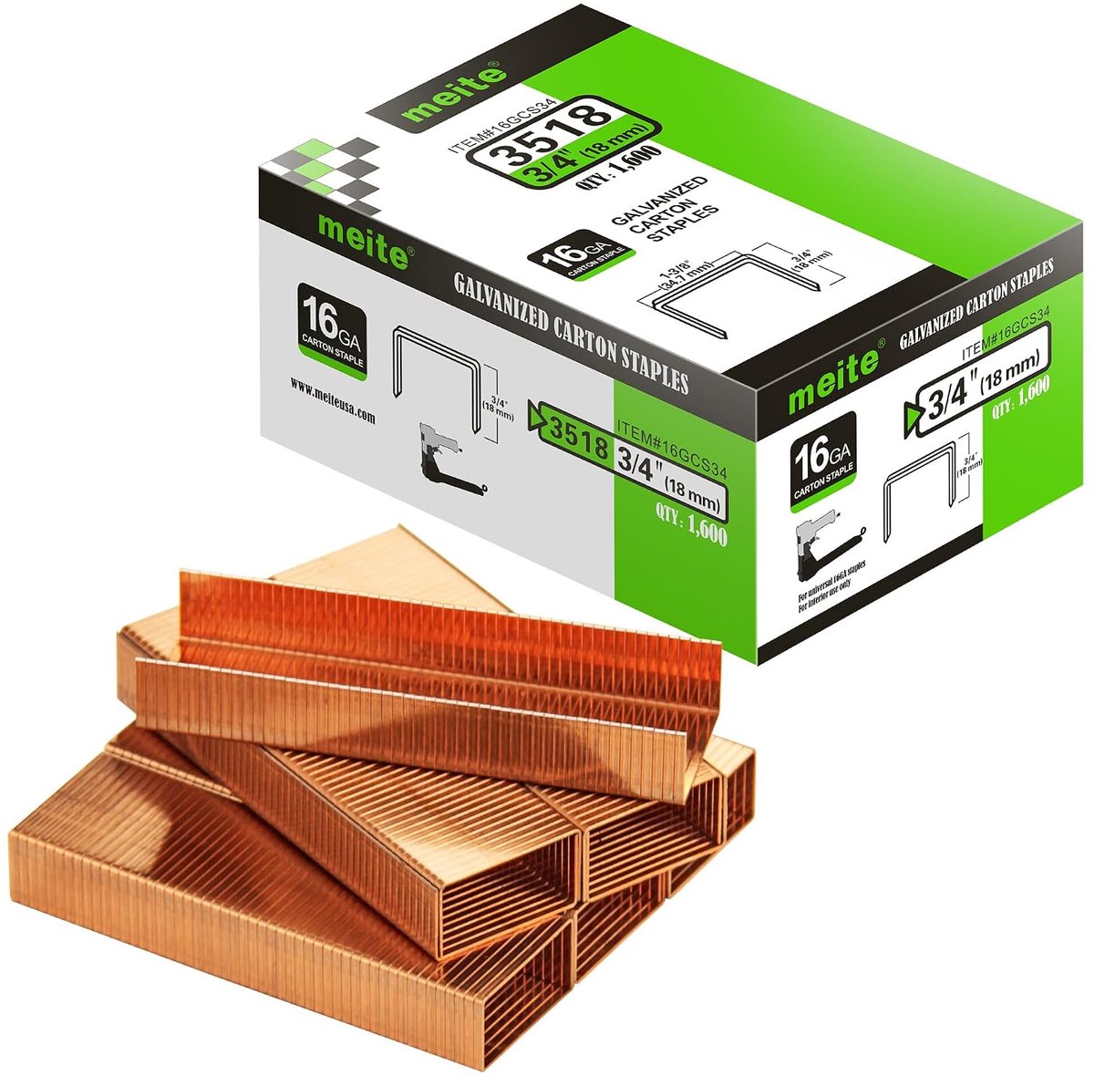 meite Dozensluitnietjes 16 Gauge 35 mm Brede Kroon 19 mm Pootlengte, Kopergecoate Kartonnietjes voor Pneumatische of - ShopVlot