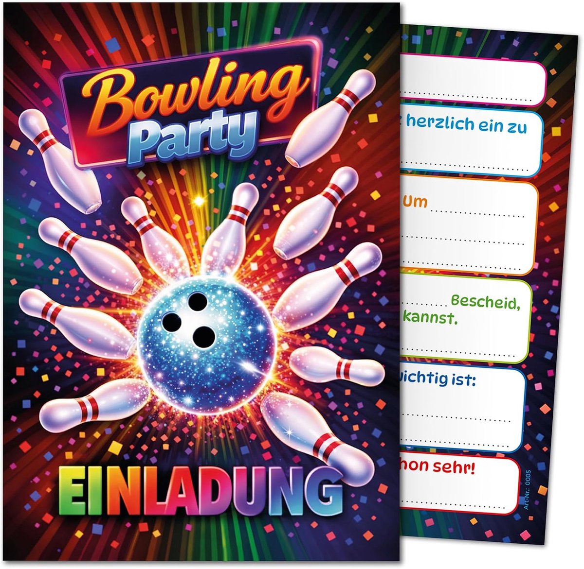 8 uitnodigingskaarten voor kinderverjaardag, bowling, meisjes, jongens, kinderen, bowlingparty, uitnodigingen, kegels - ShopVlot