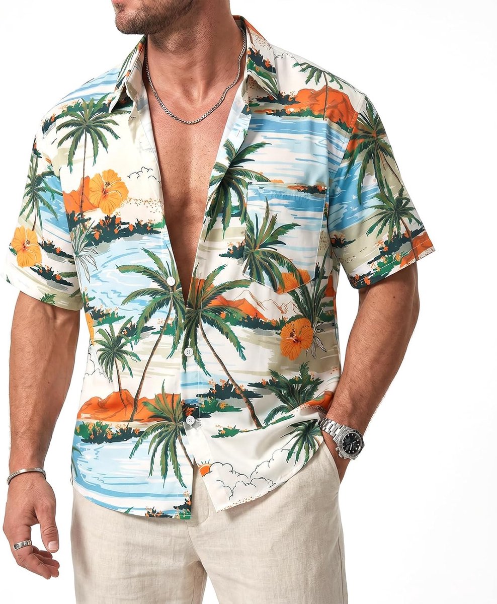 Hawaïhemd voor heren, korte mouwen, ademend zomerhemd voor strand, vakantie en vrije tijd, Aloha-shirt met button-down - ShopVlot