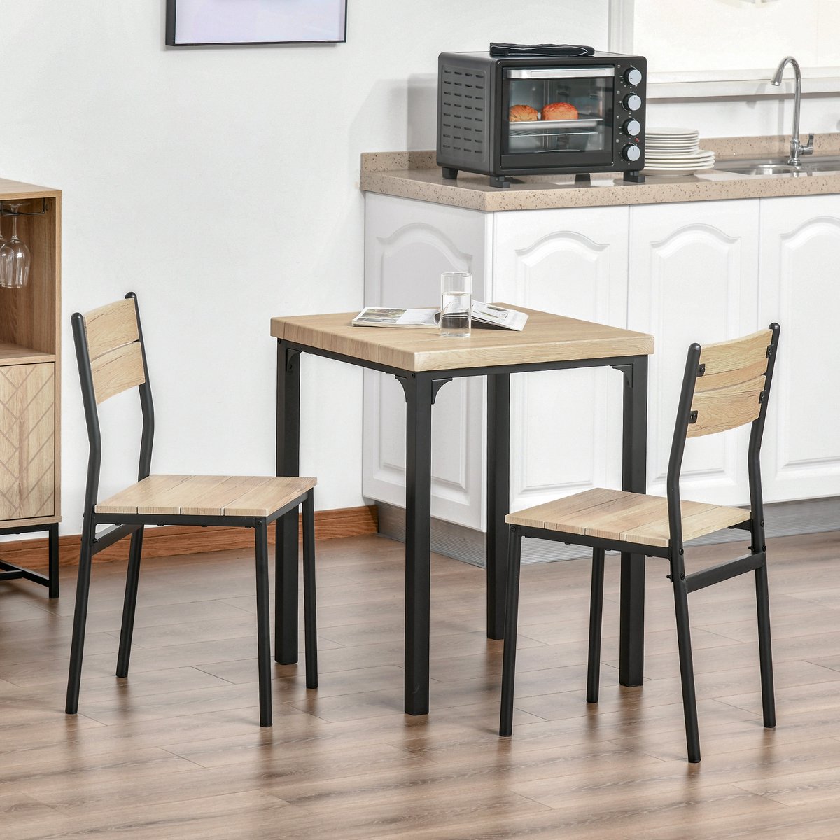 DESMIU Tafel En Stoelen Set - 3-Delig - Houtlook Met Zwart Metaal - Landelijke Eethoek Voor Keuken En Kleine Ruimtes - Naturel