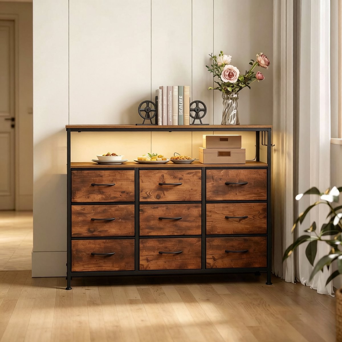 DESMIU Kast - Ladekast Met 9 Lades En Open Vakken - Voor Woonkamer, Slaapkamer En Hal - Metaal En Hout - 110x85x30 Cm - Zwart En Rustiek Bruin