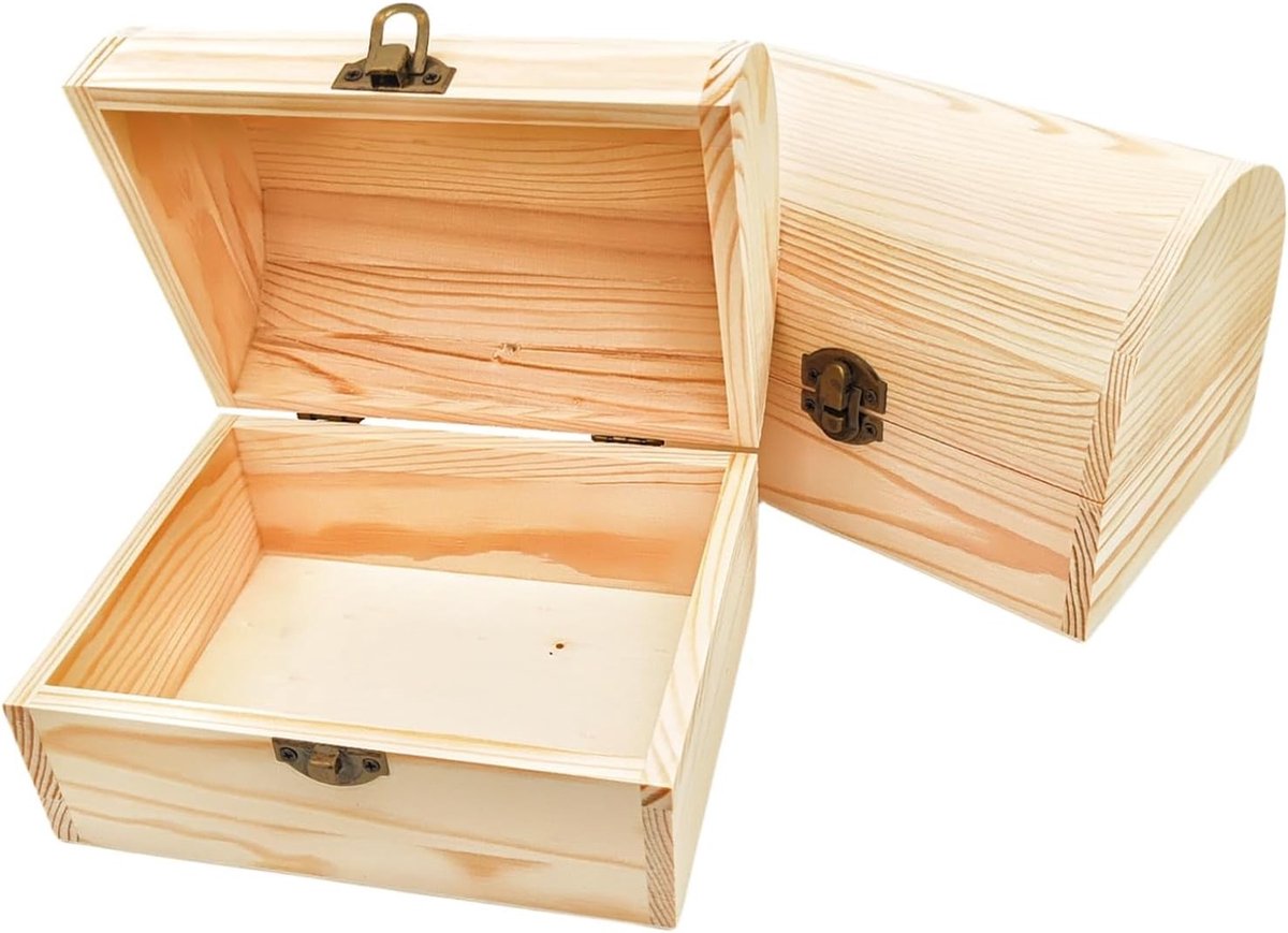 Set van 2 Boogvormige Houten Dozen, 16 x 12 x 11,5 cm Onbehandeld Dennenhout - Rustieke DIY Opbergdozen voor Sieraden, Herinneringen en Creatieve Projecten