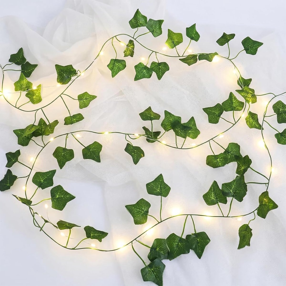 Artificial Ivy Garland with LED Fairy Lights, 2 m, 20 LEDs, Battery Operated, Green, Hanging Plant Decoration - ShopVlot