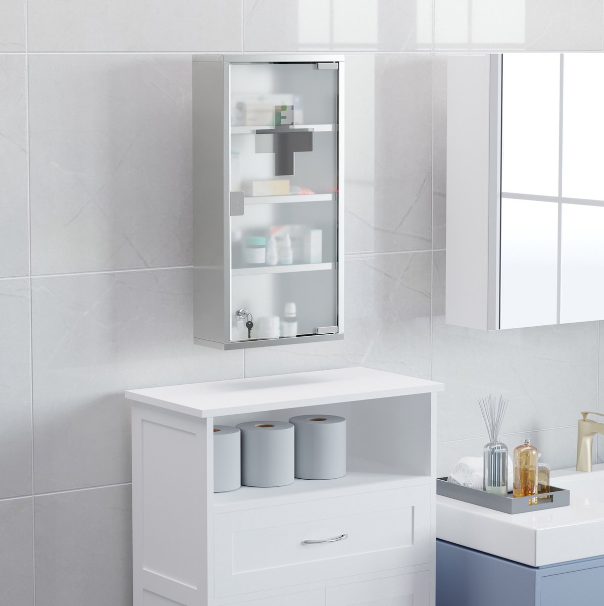 OKWISH Medicijnkast Met Slot En Drukopening Met Melkglasdeur Voor Badkamer En Eerste Hulp Silver Metaal 30 X 12 X 60 Cm