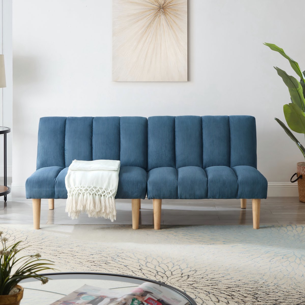 DESMIU Slaapbank 2-Zits 167 Cm - 3-Voudig Verstelbare Rugleuning En Slaapfunctie - Voor Woonkamer En Kantoor - Corduroy - Blauw