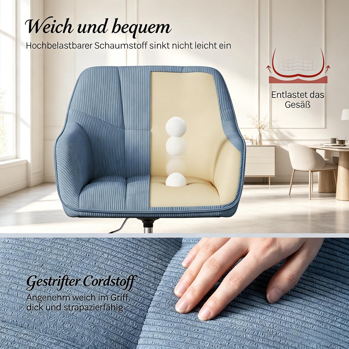 OKWISH Bureaustoel – Verstelbare Zithoogte – Met Armleuningen En Wielen – Comfortabel Voor Bureau En Thuiswerkplek – Cordstof – Blauw