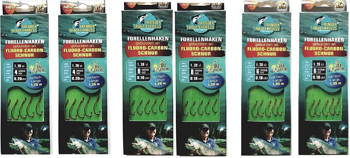 Set: Tied forel haken maat 4, 6 & 8 - Fluorocarbon lijn - Inclusief gratis Petri Heil! stickers - ShopVlot