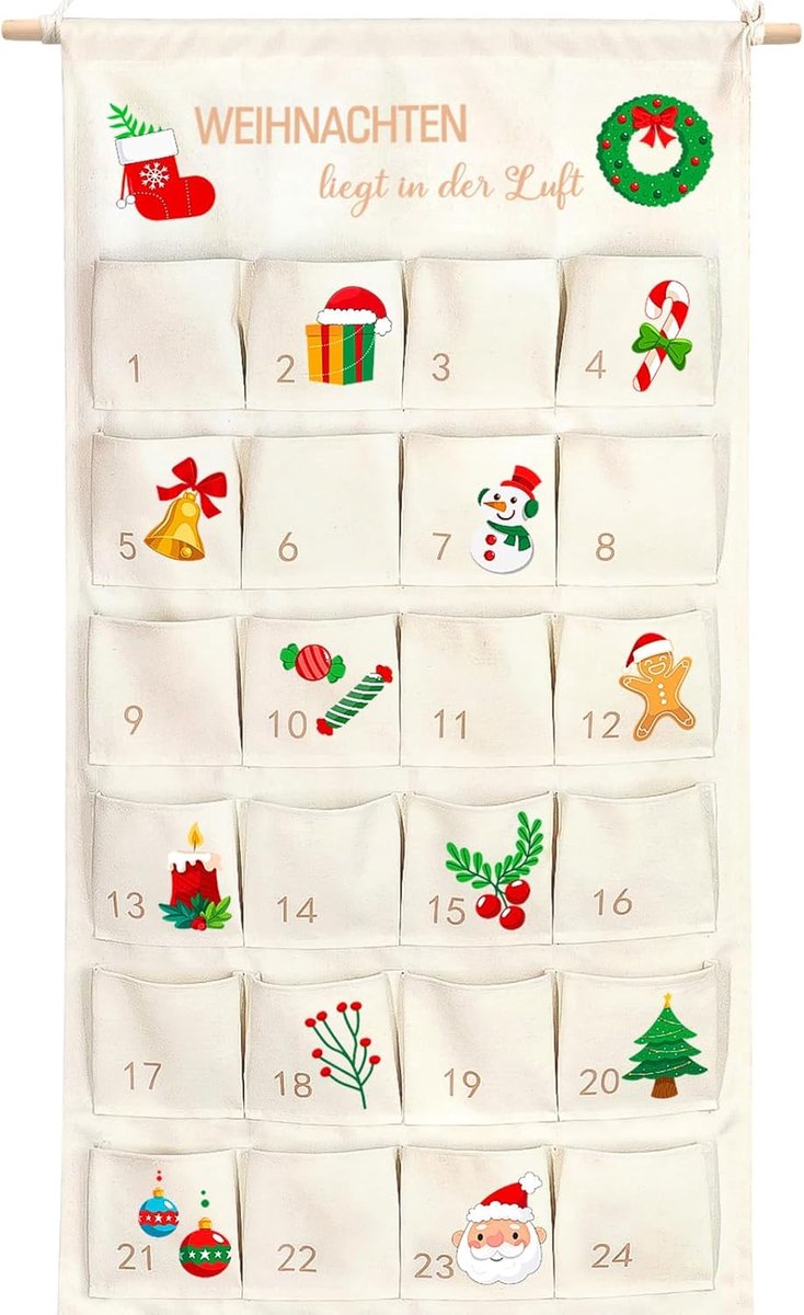 Adventskalender wandtapijt 100 x 50 cm - herbruikbaar met 24 zakjes - kerstdecoratie voor muur en deur - ShopVlot