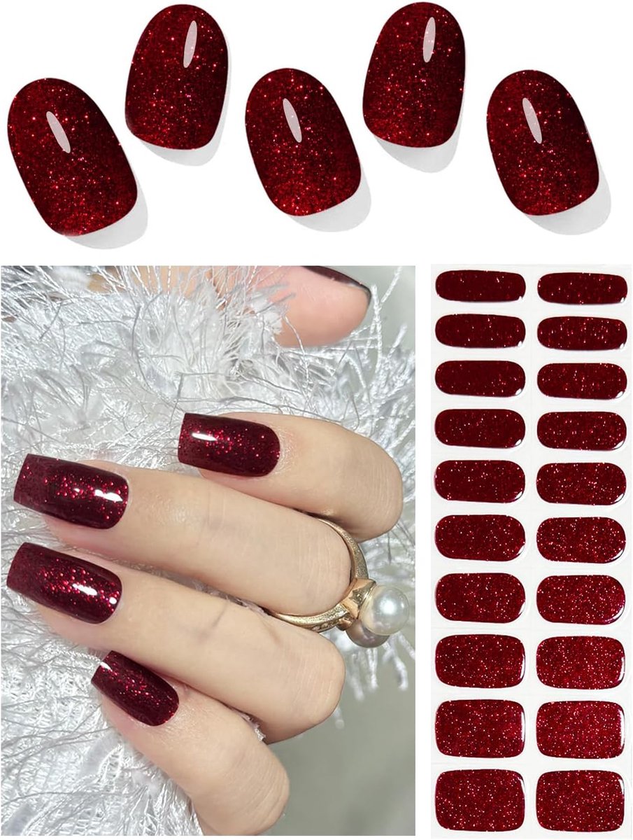 Unghie gel adhesive UV - 20 stuks - rode glitter - zelfklevende gelnagels voor een glamoureuze look - ShopVlot