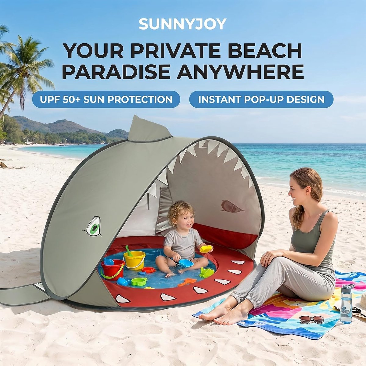Strandtent voor baby's - pop-up - grijze haai - ideaal voor strand en camping - ShopVlot
