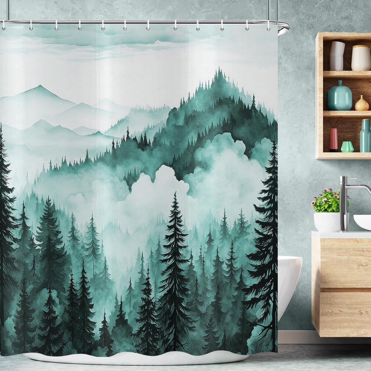 Douchegordijn 180 x 200 cm - Turquoise mistwoud - Waterdicht polyester - Rustiek regenwoud landschap - ShopVlot