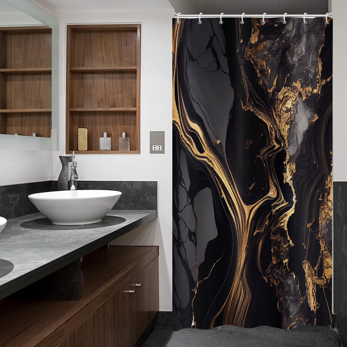 Douchegordijn 120x200cm - Modern abstract kunst - Zwart goud marmerlook - Waterproof voor badkuip - ShopVlot