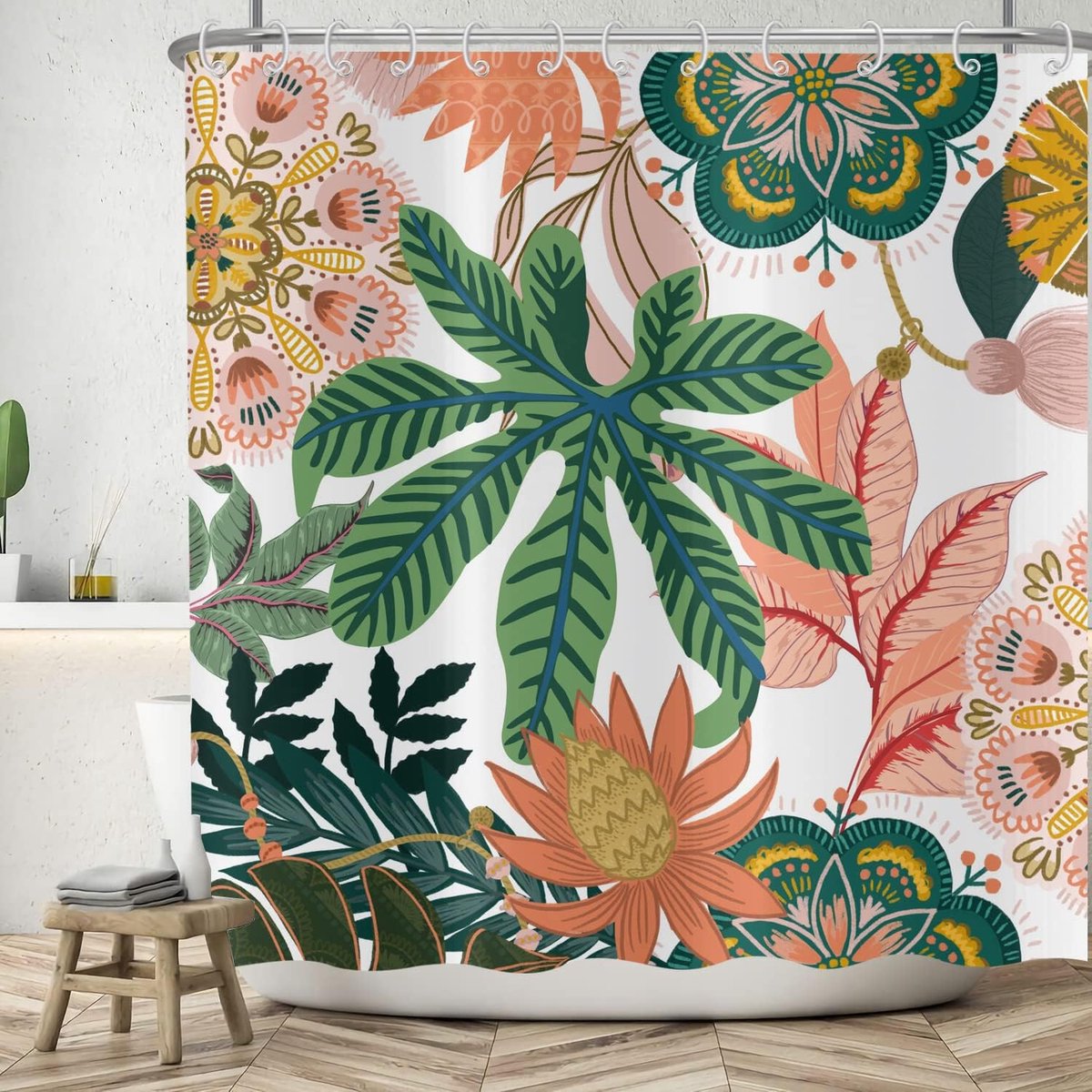 Douchegordijn Boho Bloemen 180x180cm - Abstract Groen Tropische Planten Roze Bloemen - Waterdicht voor Bad - ShopVlot