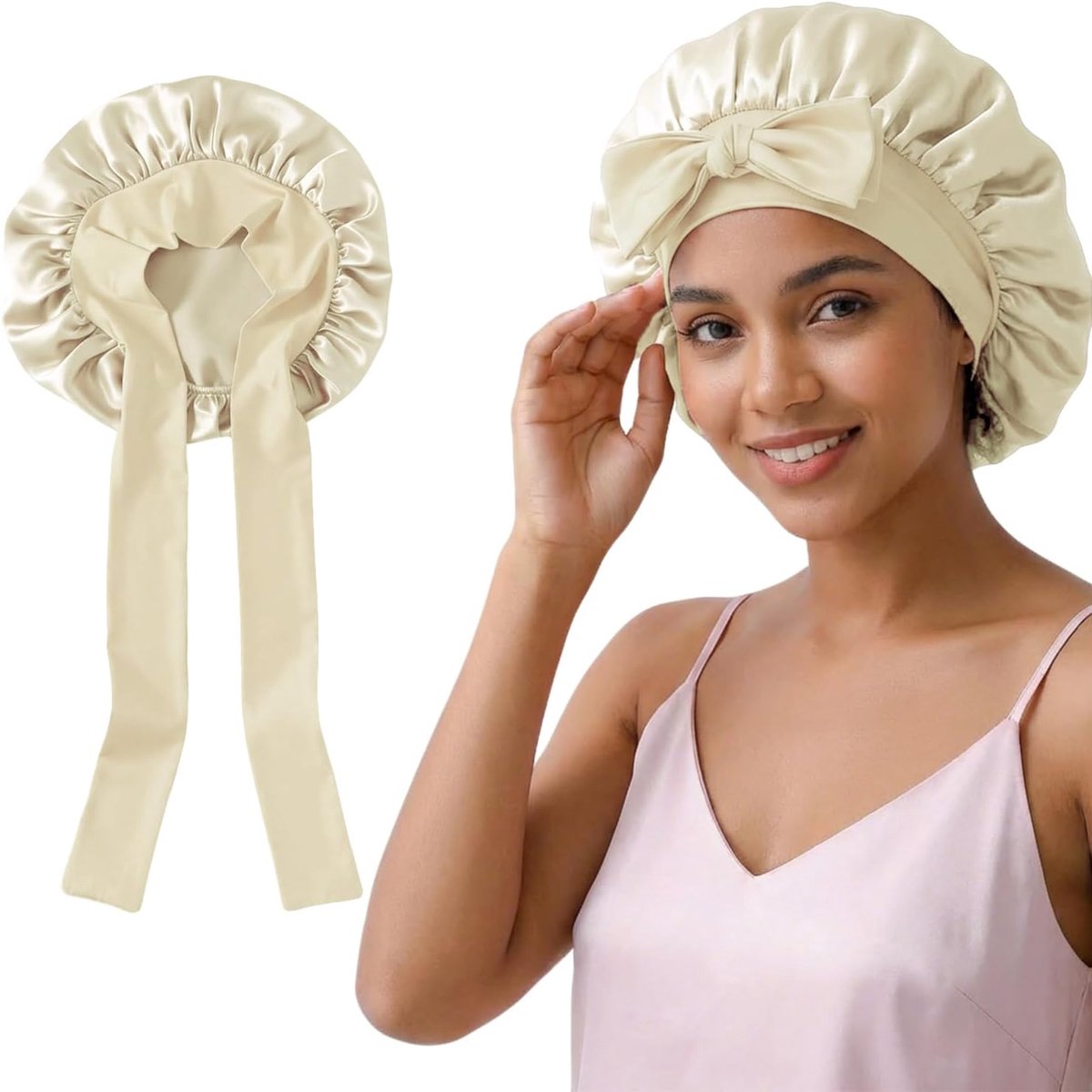 Slaapmuts 100% Moerbeizijde - Ademend Lichtbeige - Verstelbaar voor Krullend en Steil Haar - ShopVlot