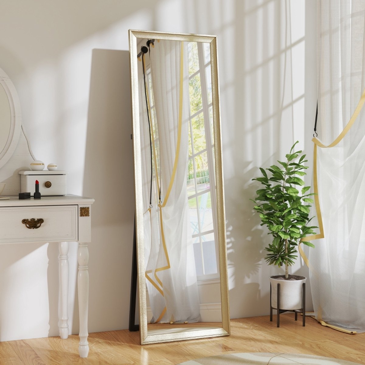 Grote Staande Spiegel 160 x 50 cm Goudkleurig Met Frame 4 mm Gehard Glas Rechthoek Voor Wandmontage Aanleunend Of Vrijstaand
