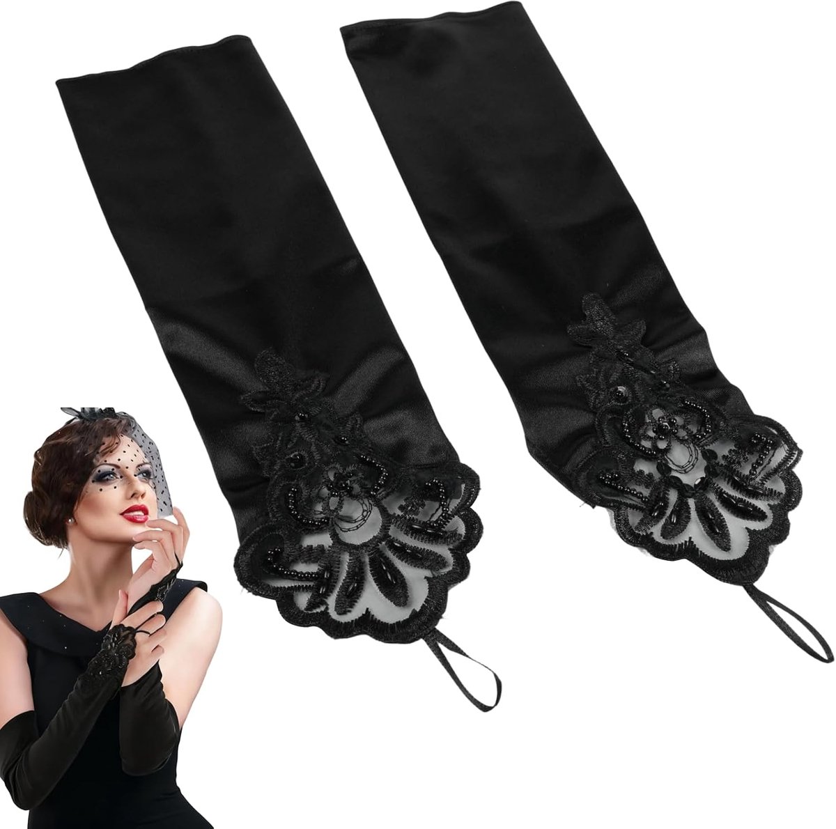 Vrouwen Lange Handschoenen Vingerloos - Retro Kant Zwart - Elegante Satijnen Handschoenen 42 cm - ShopVlot