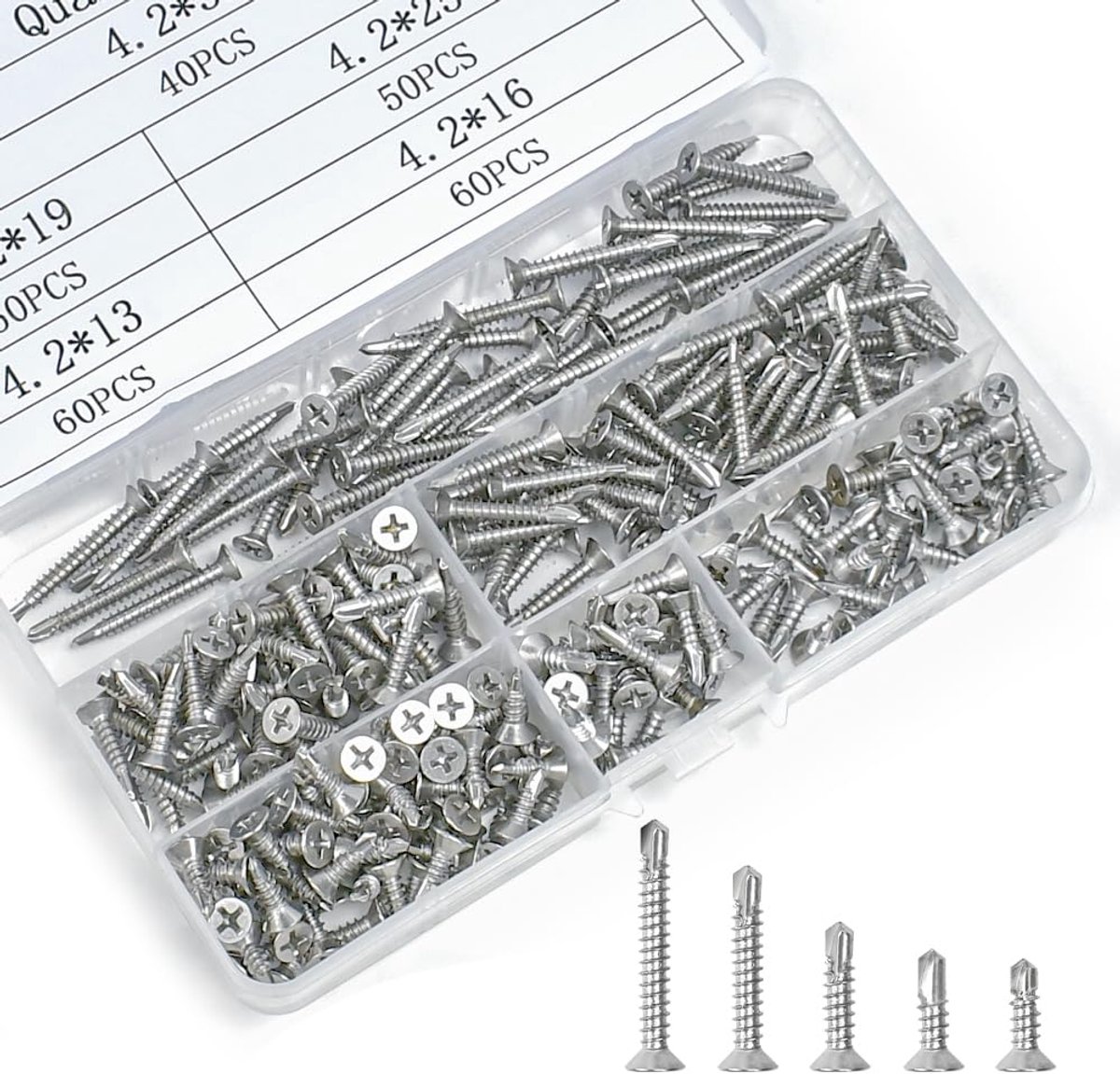 Zelftappende schroeven 260 stuks - RVS 410 - Diverse maten 4.2 x 13 mm tot 32 mm - ShopVlot