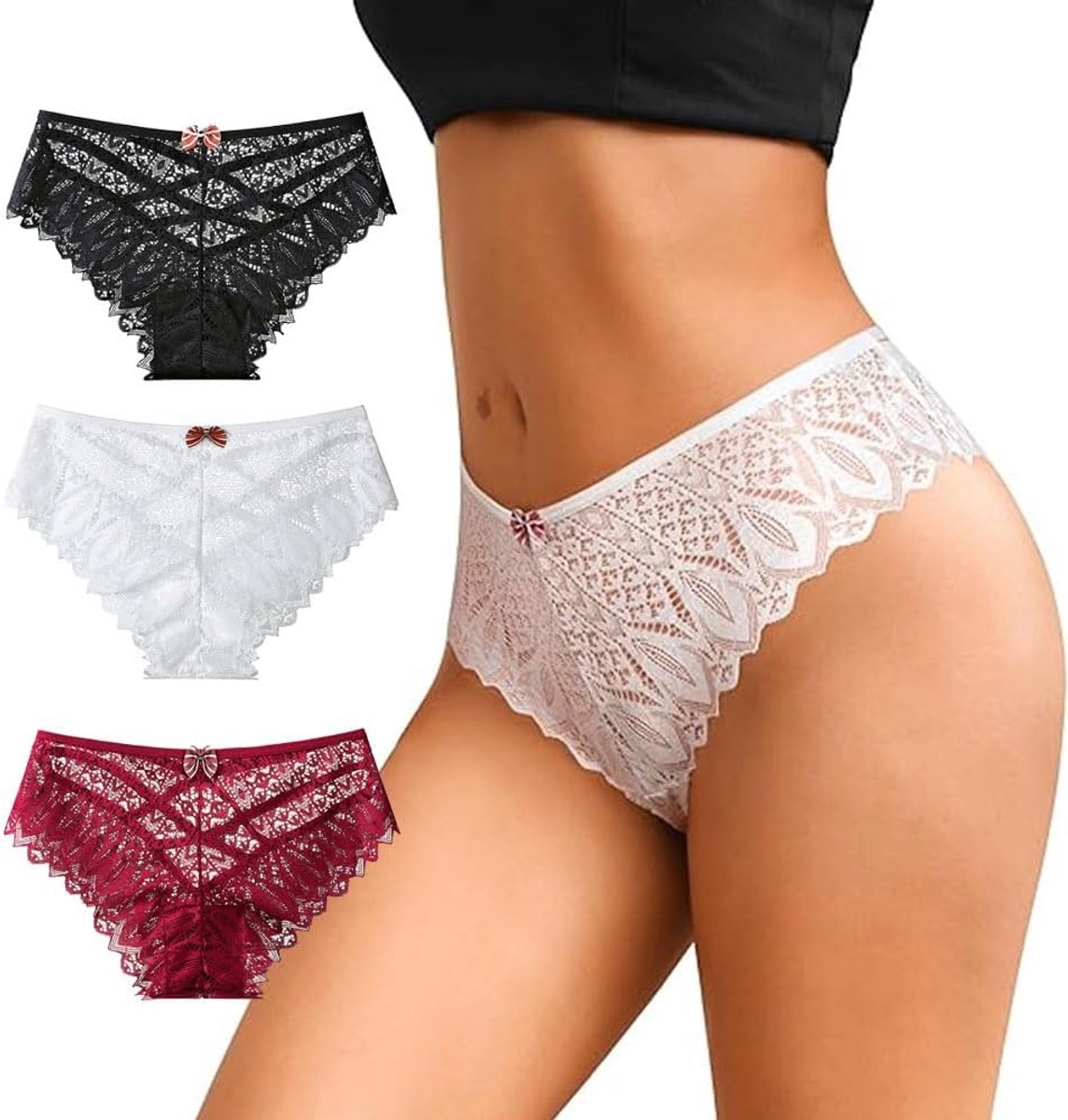 Dames 3-delige thong kant sexy transparant - holle uitsnijding - ademend - perfecte pasvorm - ShopVlot