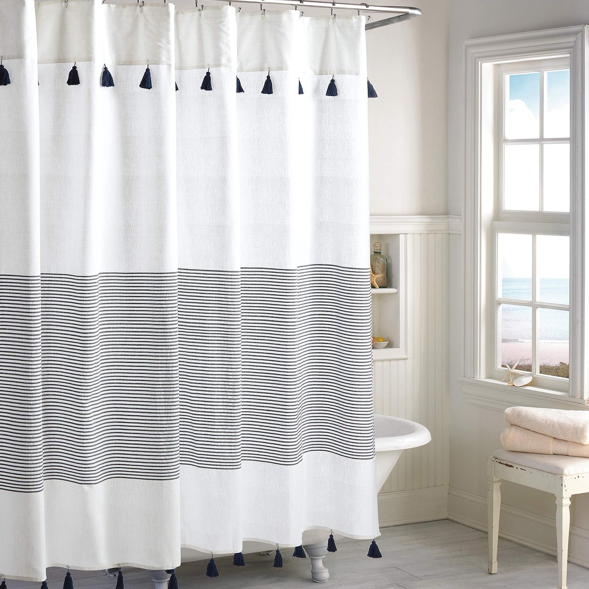 SnelShoppen - Panama Streep Boho Douchegordijn 100% Katoen met Kwasten, 182,9 x 182,9 cm, Navy, Badkamer Decor, Modern Kustleven, Vintage Stijl, Speel