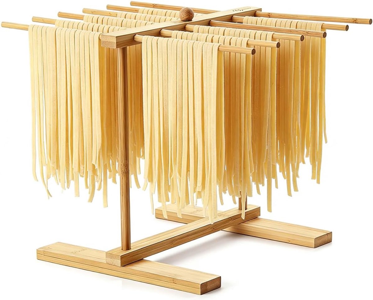 SnelShoppen - Pastastandaard van Hout, 12 Stangen, Ruimtebesparend Droger voor Lange Pasta, Opvouwbaar en Herbruikbaar met Overdrachtsstang, Totale Ho