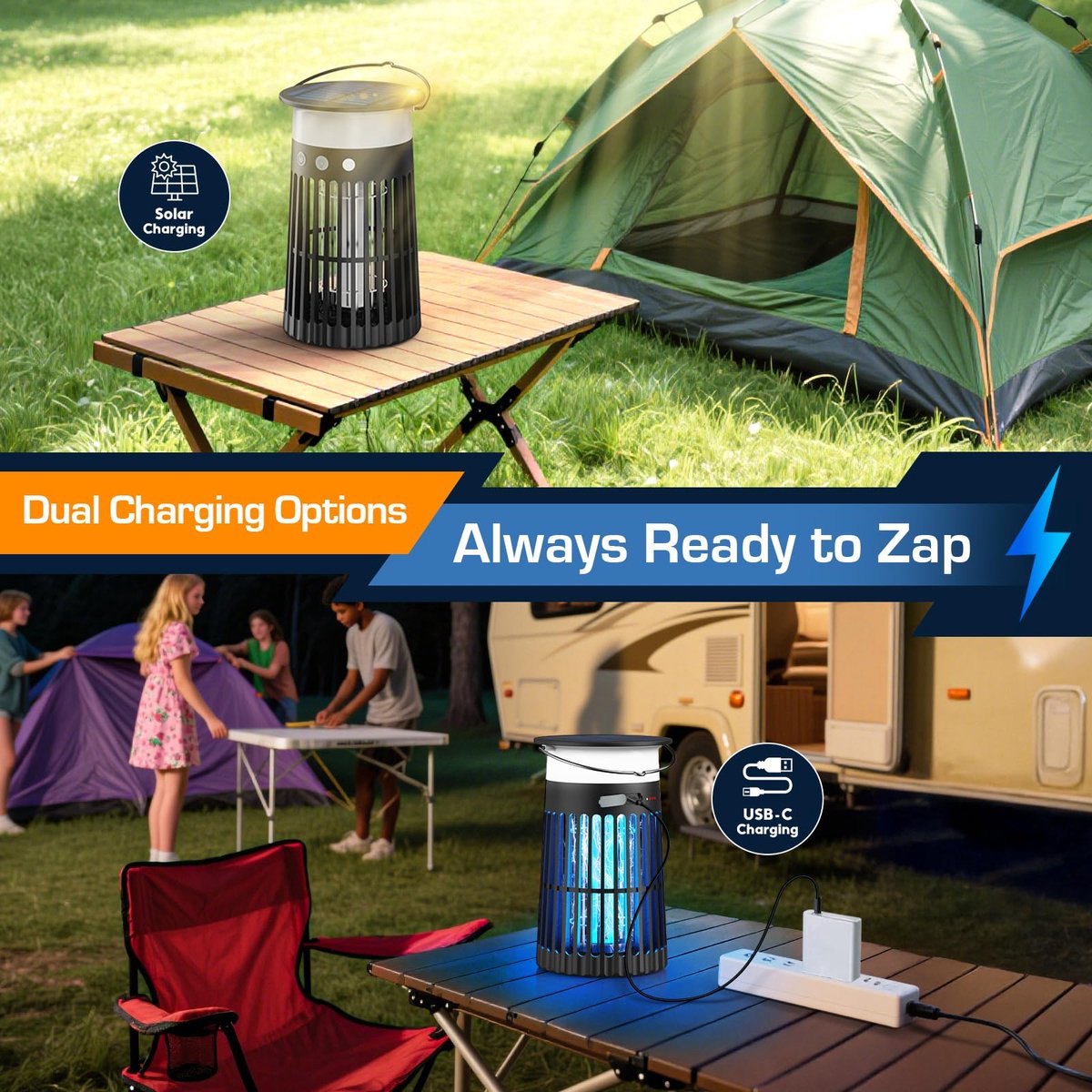 SnelShoppen - Insectenverdelger op zonne-energie, waterdichte vliegenval, elektrisch, oplaadbare muggenlamp voor binnen, achtertuin, terras, tuin en c