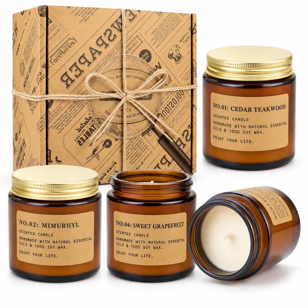 SnelShoppen - Geurkaarsen Cadeauset voor Vrouwen, 4 x 100g Sojawas Kaarsen in Amberkleurig Glas, Roos, Ceder, Teakhout, Patchouli, Amber, Zoete Grapef