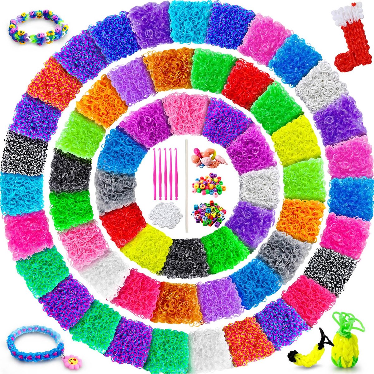 SnelShoppen - 12300 Stuks Weefbanden Set met 60 Kleuren Rubber Banden, Glow in the Dark, DIY Knutselcadeau voor Kinderen, Creatieve Weefprojecten en F