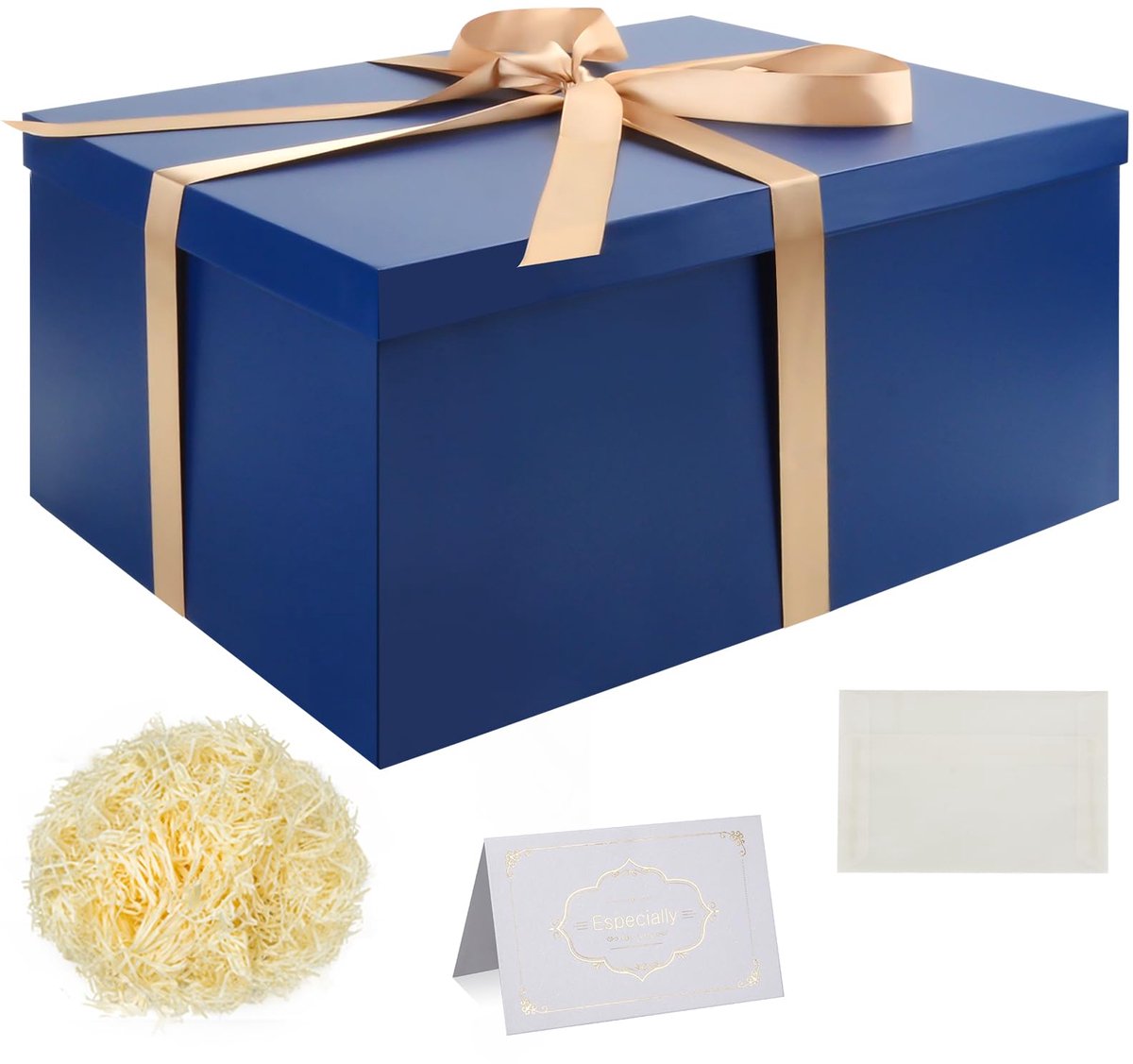 SnelShoppen - Grote Presentdozen Blauw met Deksel - Cadeaudozen 38x28x19 cm met Lint - Cadeauverpakking voor Kerst, Verjaardag, Jubileum, Bruiloft - C