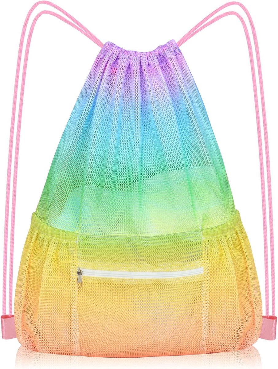 Mesh Drawstring Bag with Zipper Pocket, Beach Bag for Swimming Gear Backpack Gym Storage Bag for Adult Children - ShopVlot