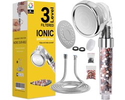 SnelShoppen - Magichome Douchekop met 2 m Slang, Handdouche met Eco-Ionenfilter, Minerale Stenen, 3 Straalsoorten, Waterbesparende en Drukverhogende D