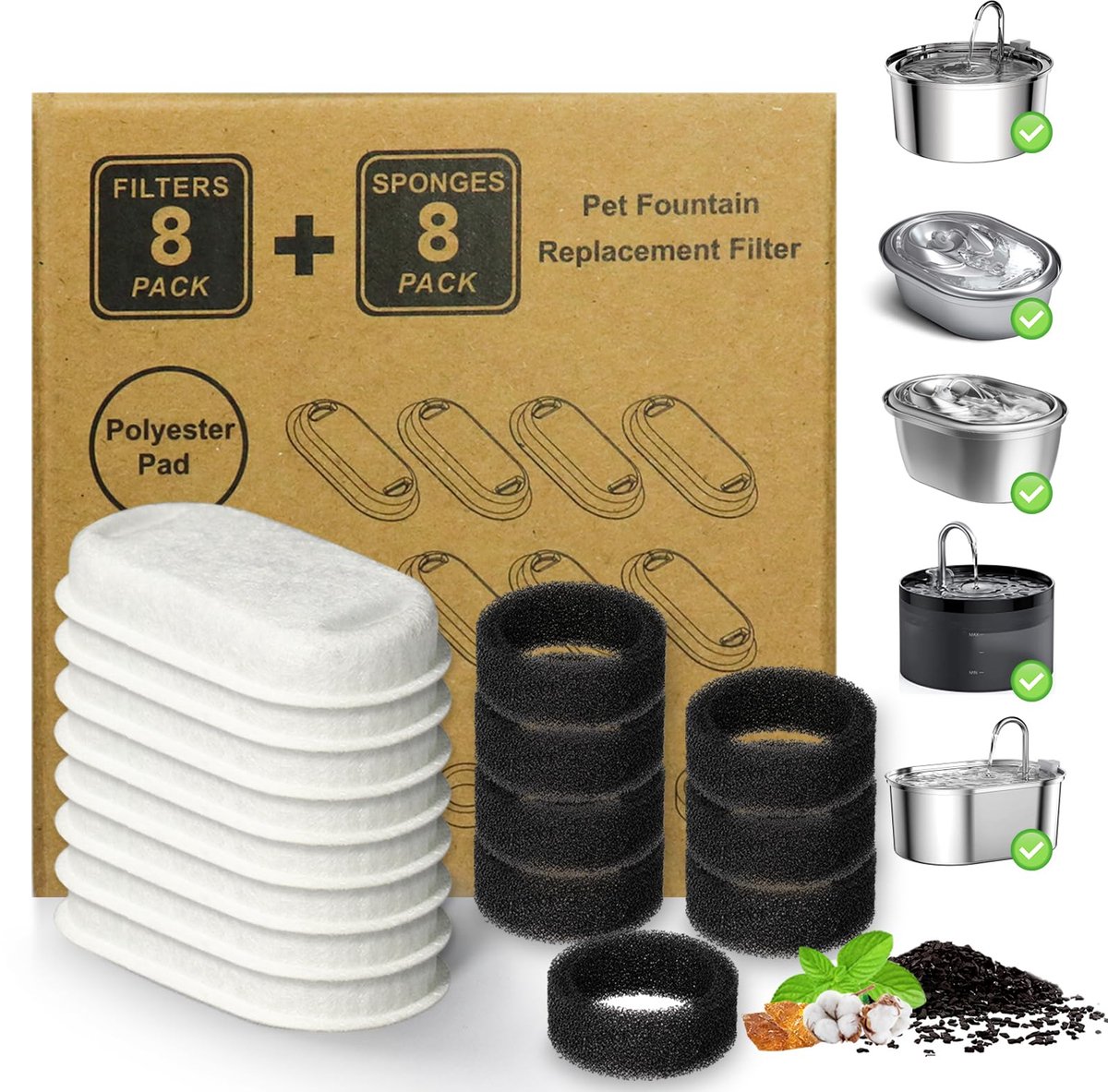 SnelShoppen - Kattenwaterfonteinfilters 16 Stuks Vervangende Filters voor Roestvrij Stalen Kattenfontein 64 oz/2 l, Verstelbare Waterstroom voor Huisd