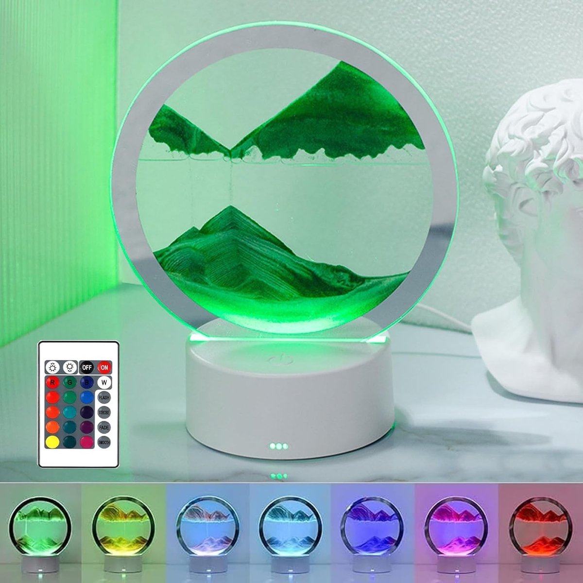 3D Bewegend Zand Schilderij Nachtlamp, 360 Graden Draaibare Zandloper Decoratie met LED Licht en Afstandsbediening, Unieke Tafellamp voor Thuis en Kantoor Decoratie, Groen