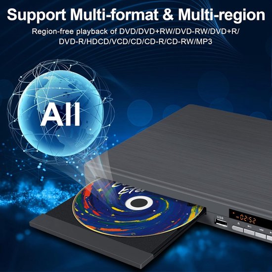 DVD Speler - Mediaspeler Home Cinema - Films Kijken - Regiovrij Afspelen - 1080P Upscaling - Grijs — afbeelding 2
