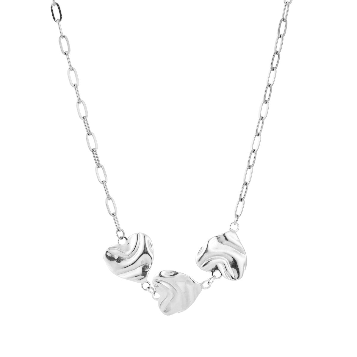 Harten Ketting Dames - Roestvrij Staal (RVS) - Met Drie Bewerkte Hartjes Bedels - Schakelschakel Ketting 40+5 cm - Sieraden Cadeau voor Vrouw - Zilver